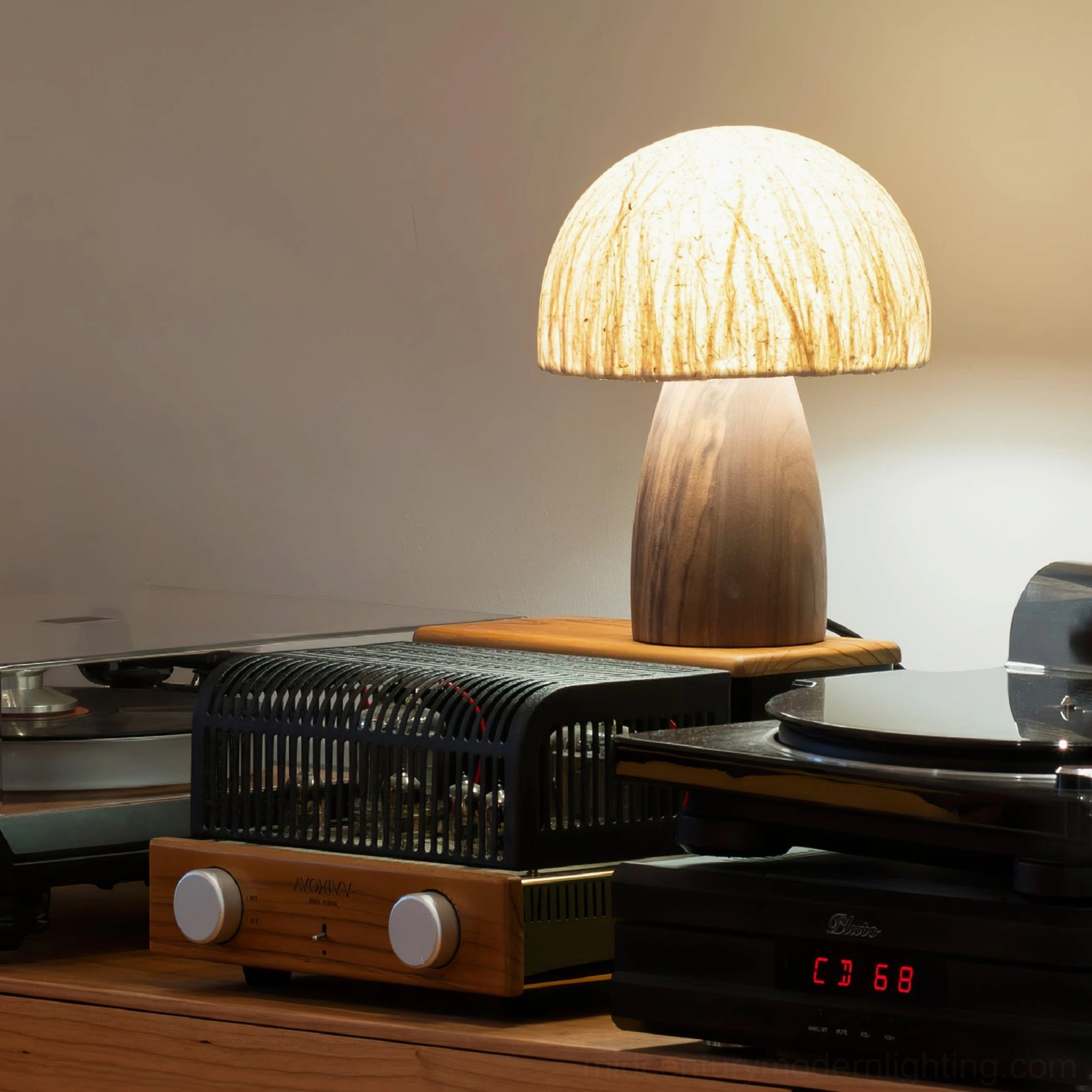 Mushroom table lamp demonstrating soft warm light diffusion through paper shade