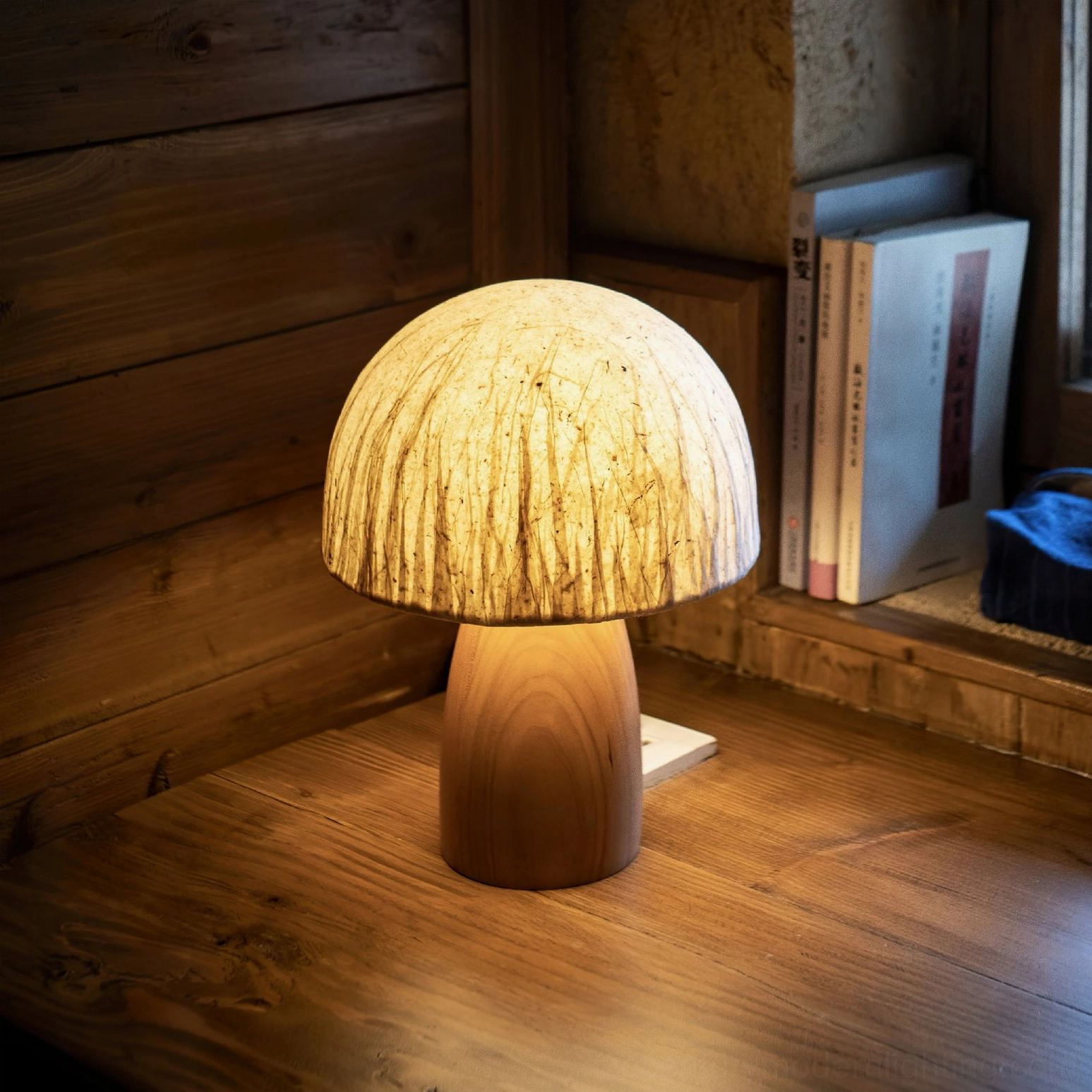 Mushroom table lamp in minimalist bedroom with organic natural light elements