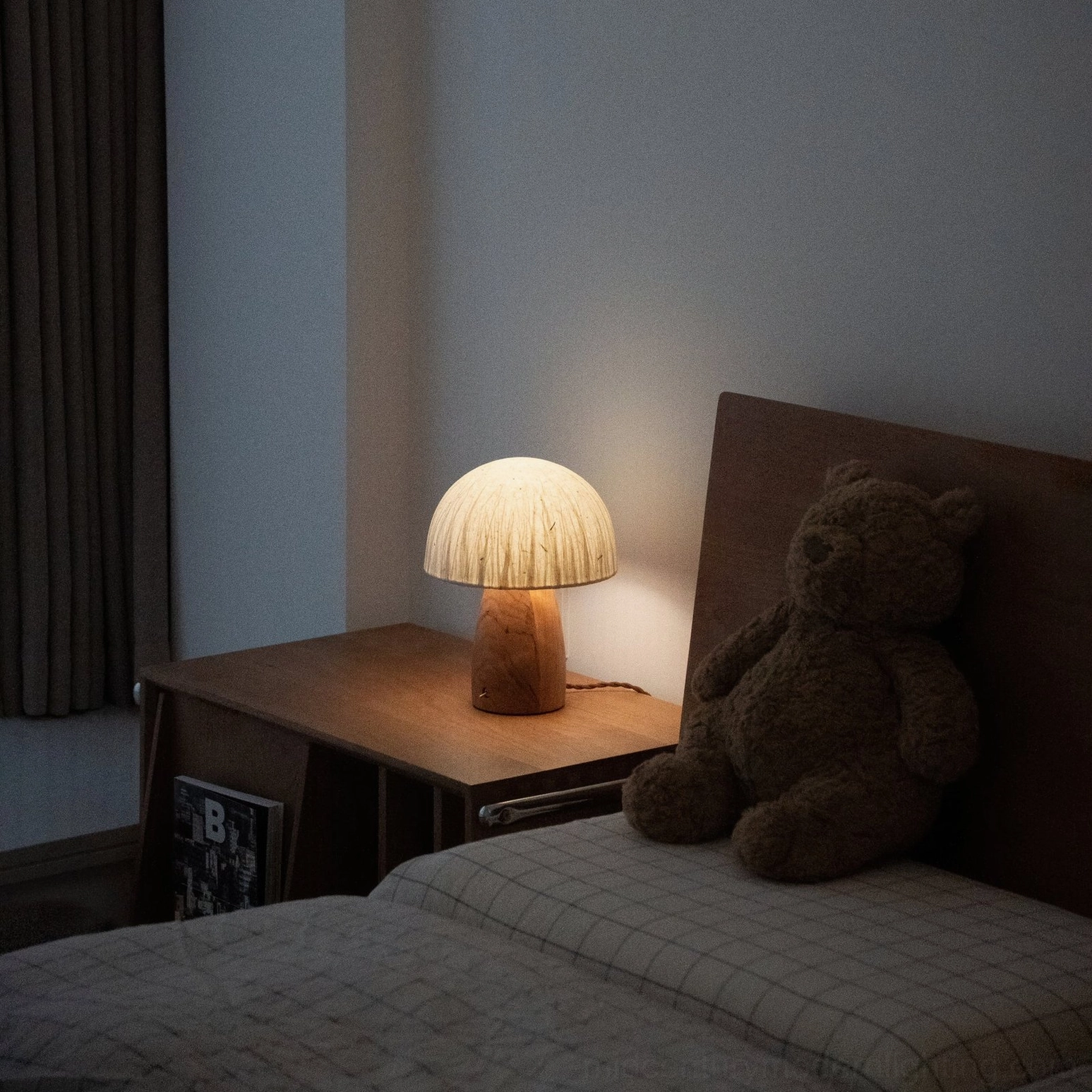 Mushroom table lamp Model A compact size on small nightstand space