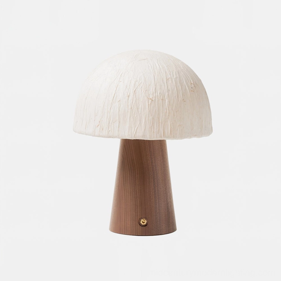 Mushroom table lamp Model B standard size base in walnut finish with neutral backdrop