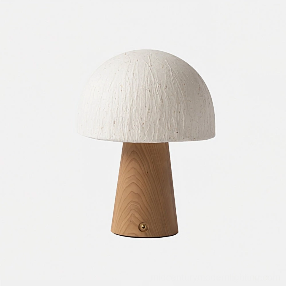 Mushroom table lamp natural wood color finish showing organic grain pattern detail