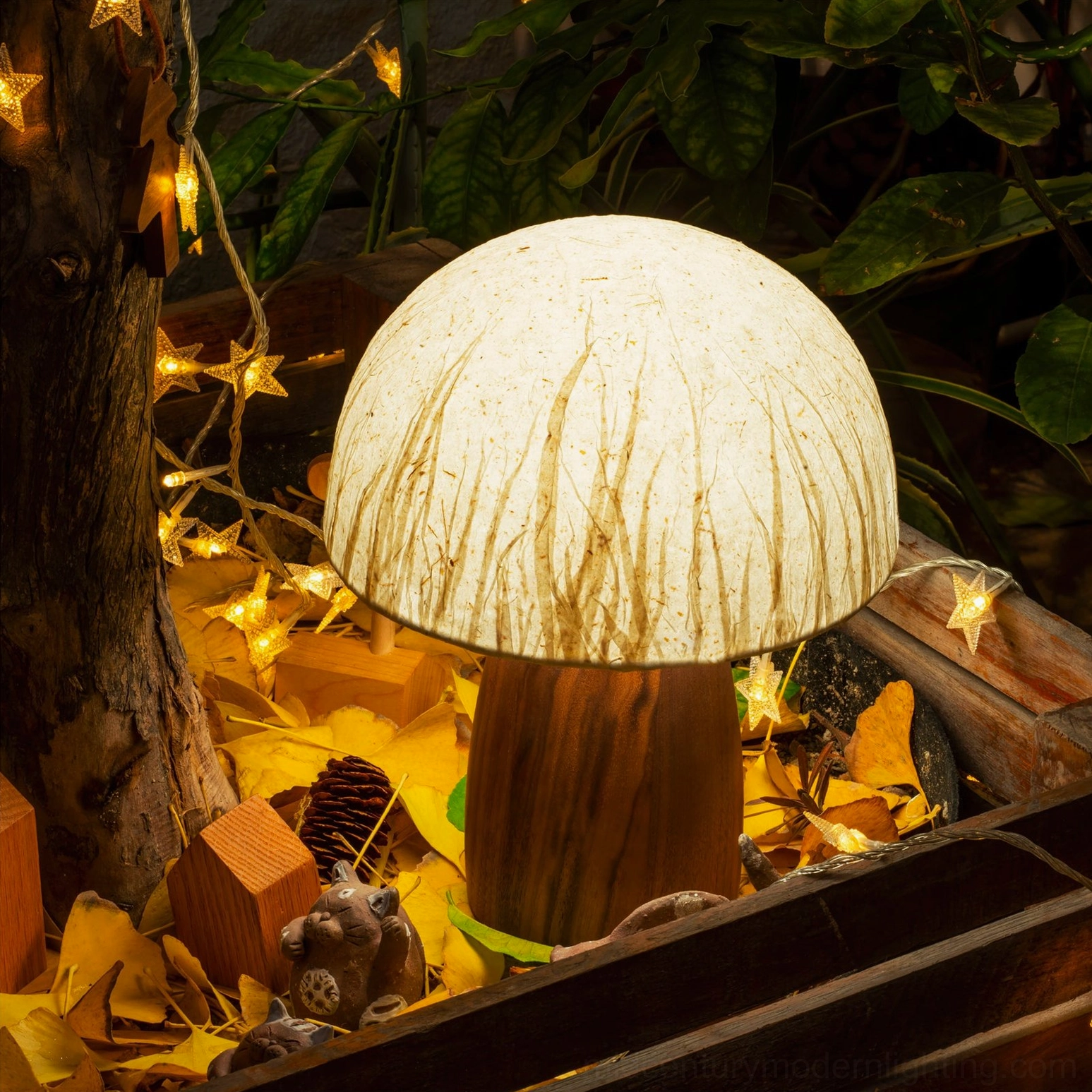 Mushroom table lamp natural wood finish base with textured paper shade close-up