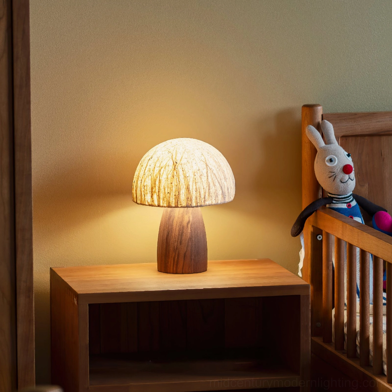 Mushroom lamp ambient lighting in cozy reading corner with book and natural light