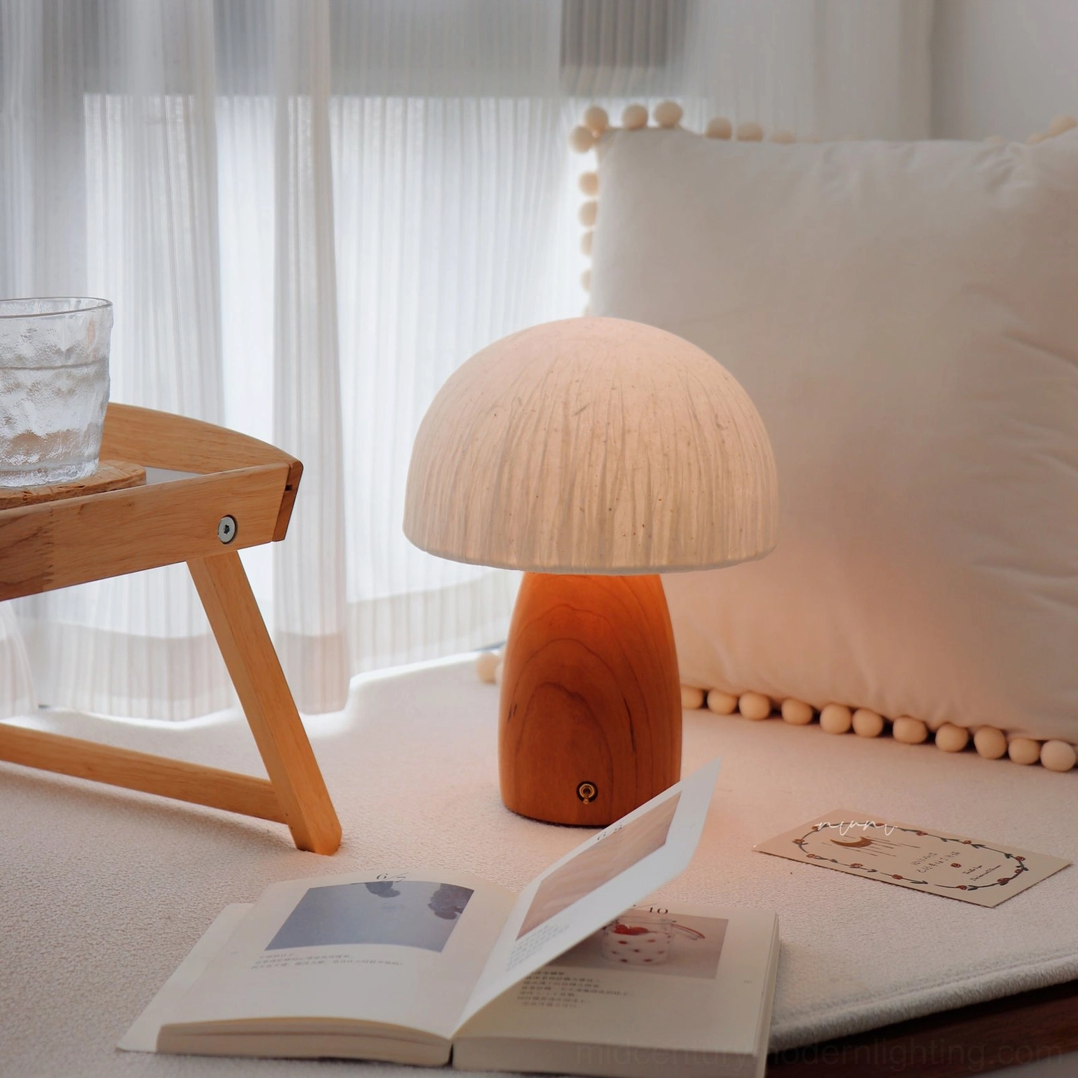 Mushroom organic table lamp in interior setting with minimalist Scandinavian design aesthetic