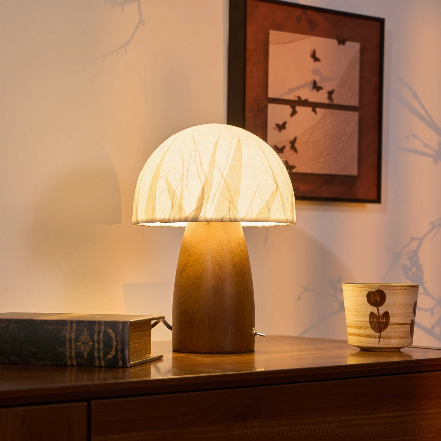 Mushroom table lamp detail close-up of textured paper shade and wooden base joint