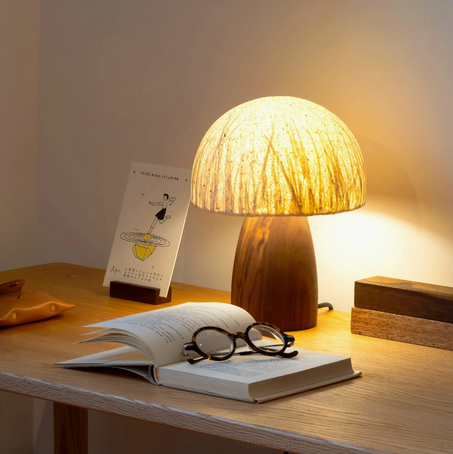 Mushroom table lamp walnut finish on styled wooden nightstand with bedroom decor