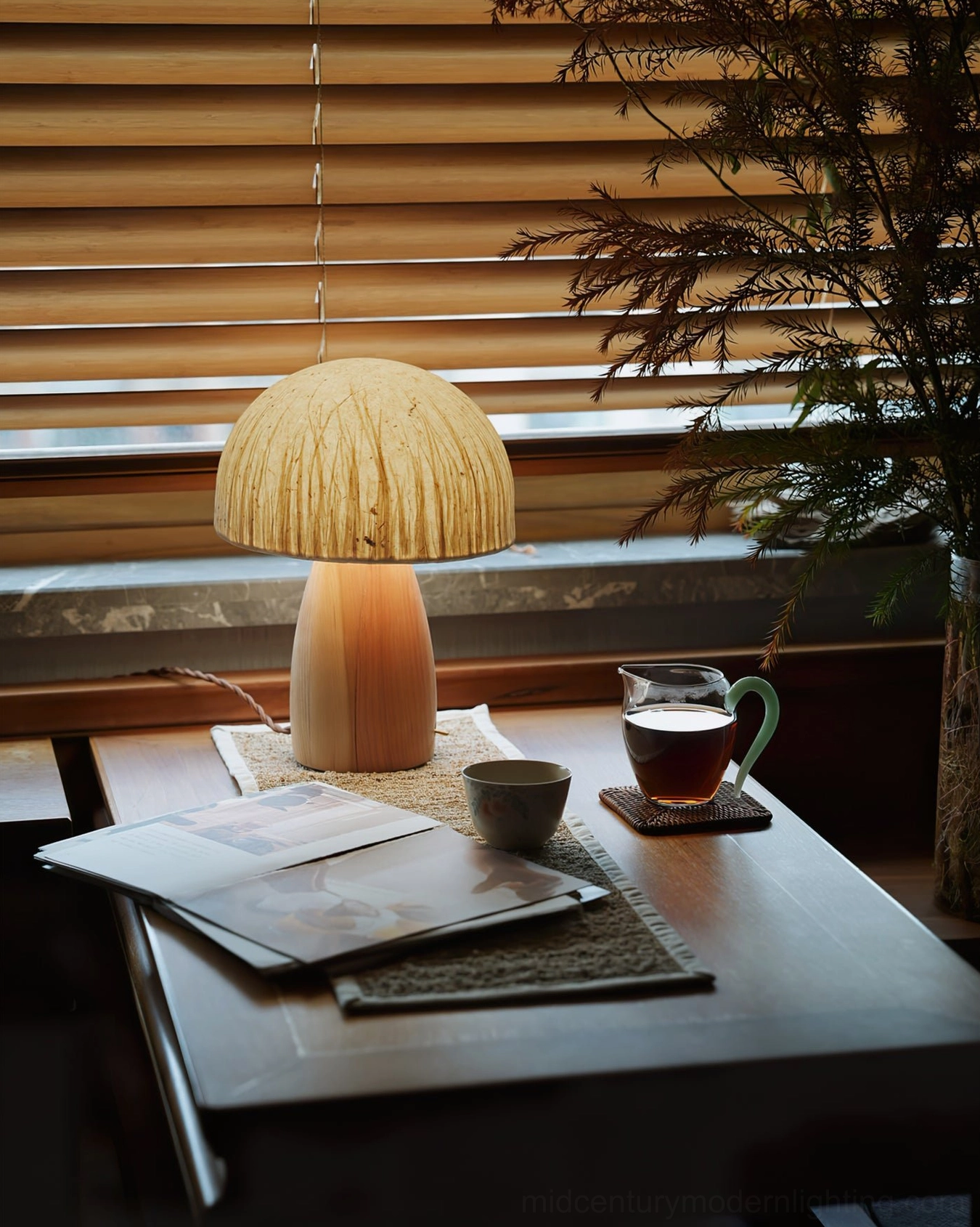 Mushroom table lamp walnut base variant displayed in living room accent lighting setup