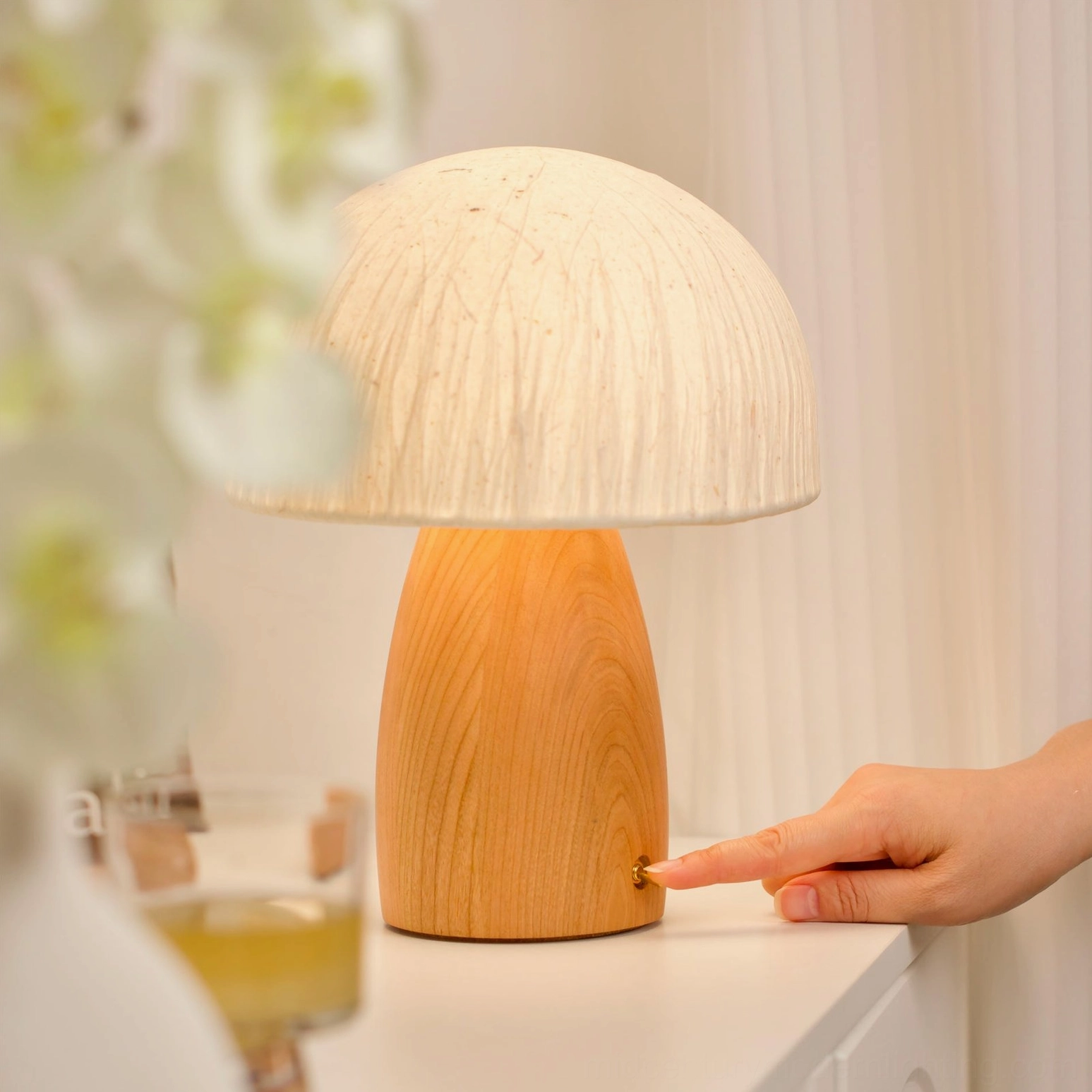 Mushroom table lamp white finish base paired with modern home decor accessories
