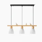 Muto Bird Chandelier front view - 3-head Nordic pendant light with natural wood rod and white resin bird figurines