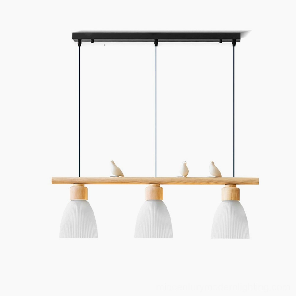 Muto Bird Chandelier front view - 3-head Nordic pendant light with natural wood rod and white resin bird figurines