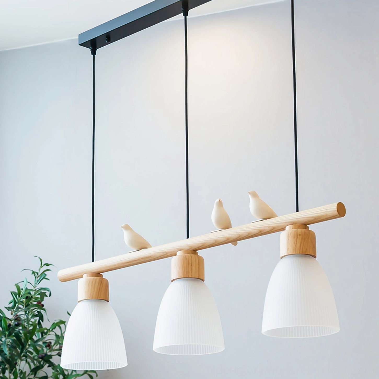 Muto Bird Chandelier front side angle - ribbed glass shades and 3 white bird figurines on wood rod