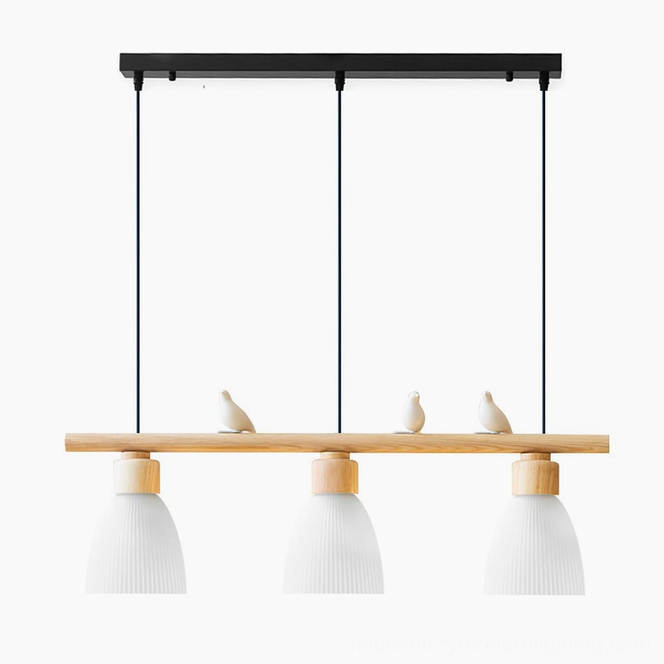 Muto Bird Chandelier studio front view - 3-head Nordic pendant light with natural wood and white birds