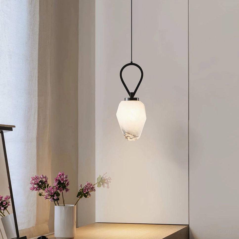 Black matte Myla pendant light in contemporary bedroom window setting, minimalist neutral interior design