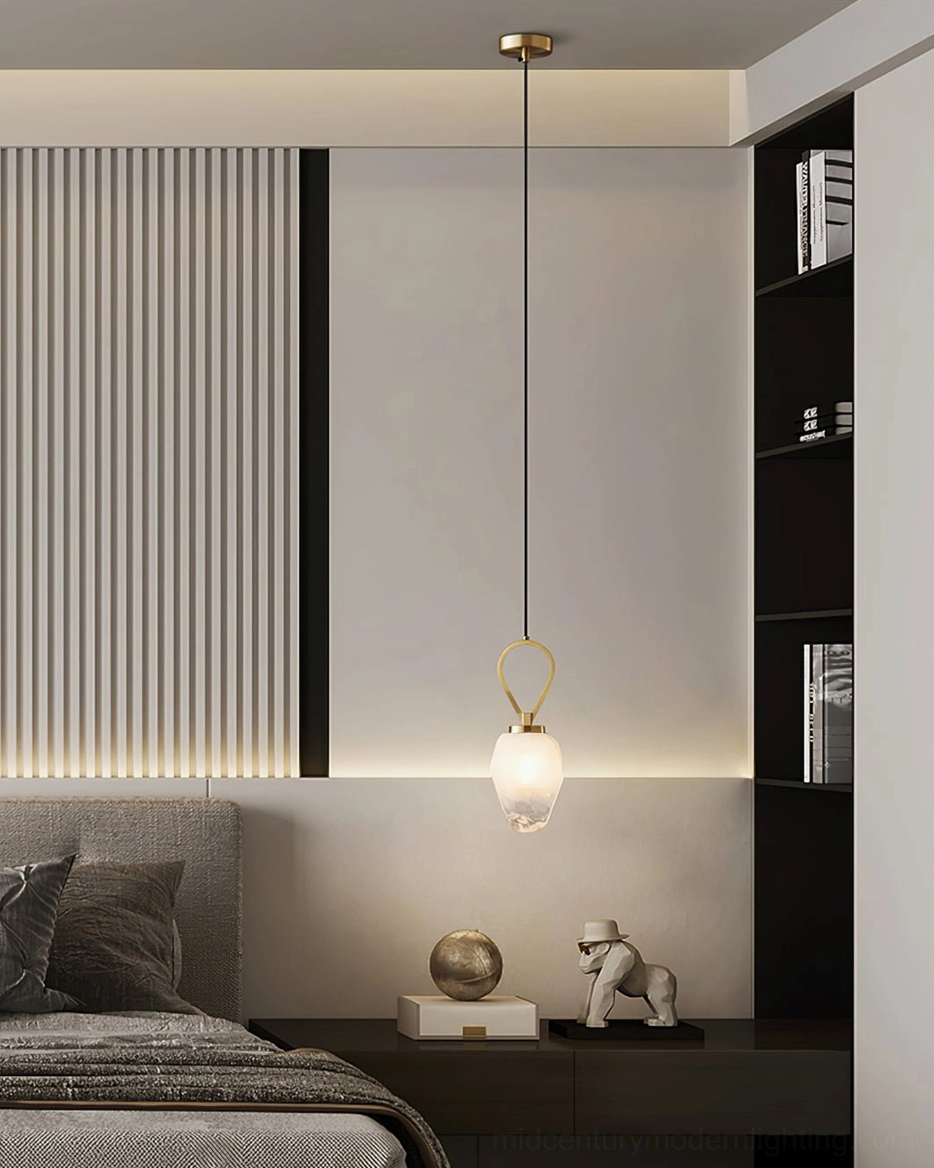 Gold Myla pendant lamp in contemporary bedroom space, warm minimalist pendant lighting for modern interiors