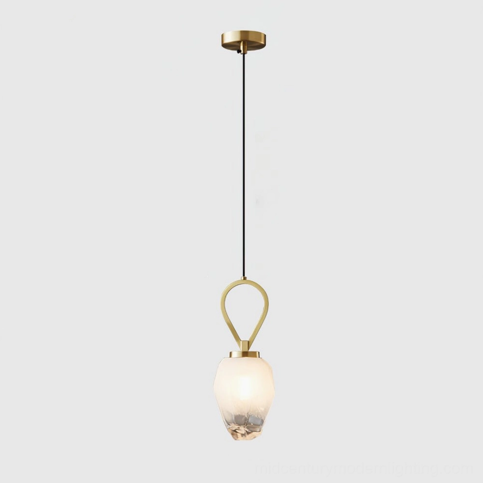 Gold Myla pendant light front flat lay view on white background, minimalist geometric glass pendant design