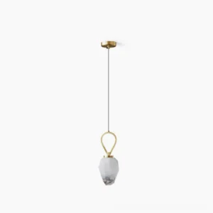 Myla faceted glass pendant light with gold brass hardware, studio overhead view showing geometric glass shade and minimalist design