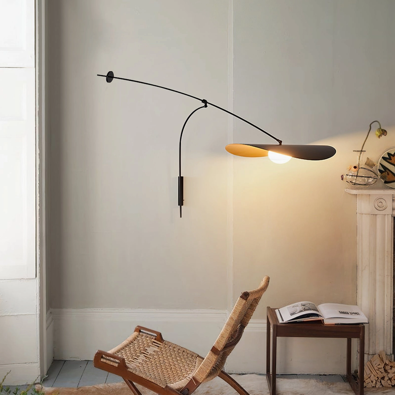 Myrna wall lamp mounted in vintage living room with rattan chair, mid-century modern aesthetic