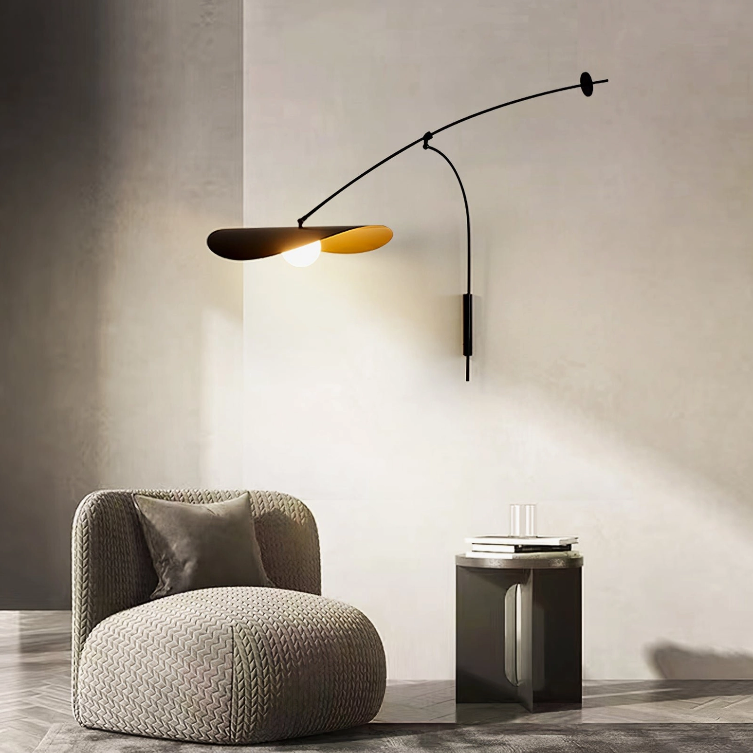 Myrna plug-in wall lamp close-up, metal and glass construction, mid-century modern craftsmanship