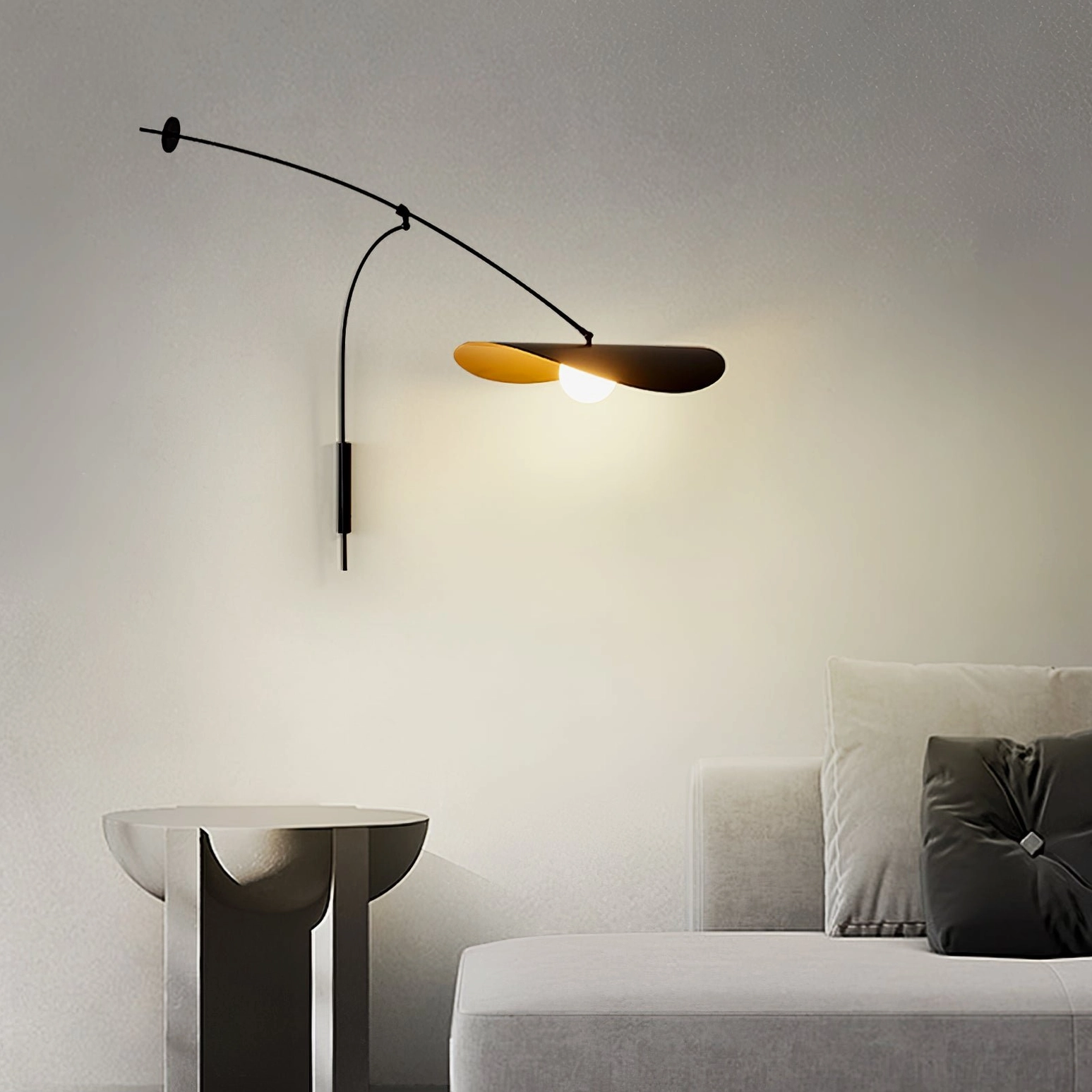 Myrna swing arm wall lamp in modern living room with fabric sofa, slim minimalist warm lighting