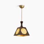 Mysore handwoven rattan pendant lamp with walnut wood finish, front view showing trapezoidal geometric silhouette and natural rattan inlay pattern