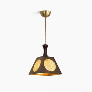 Mysore handwoven rattan pendant lamp with walnut wood finish, front view showing trapezoidal geometric silhouette and natural rattan inlay pattern