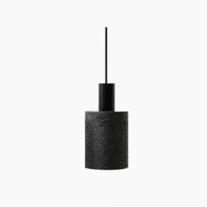 N Stone Pendant Lamp with matte black lava stone base and metal hardware, front view on white background