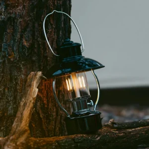 N80 outdoor table lamp illuminated warm light hanging from tree branch in forest camping setting