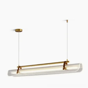 Nami linear pendant chandelier with brass frame and ribbed acrylic diffuser - overhead studio view showing modern minimalist design