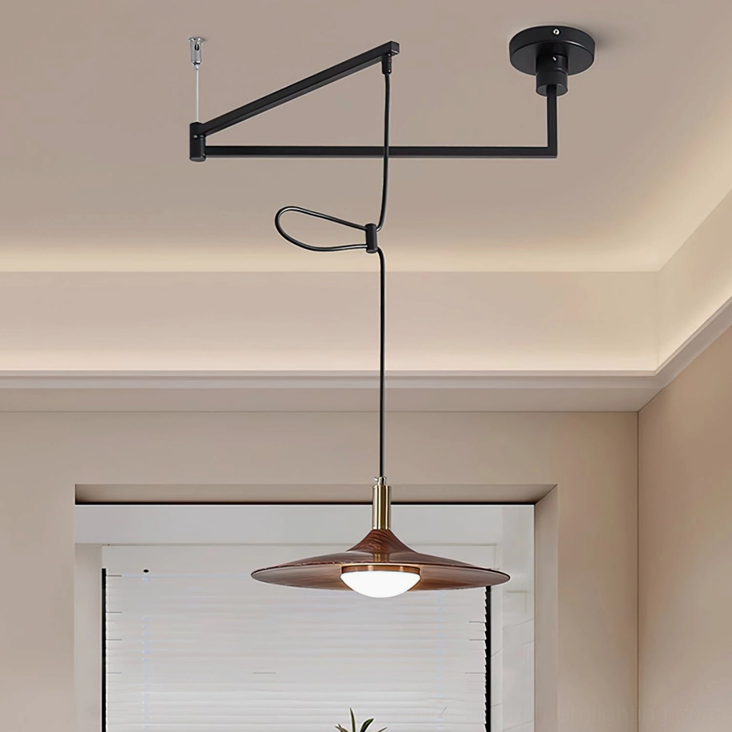 Swing arm pendant light compact size 25cm diameter breakfast nook small space solution