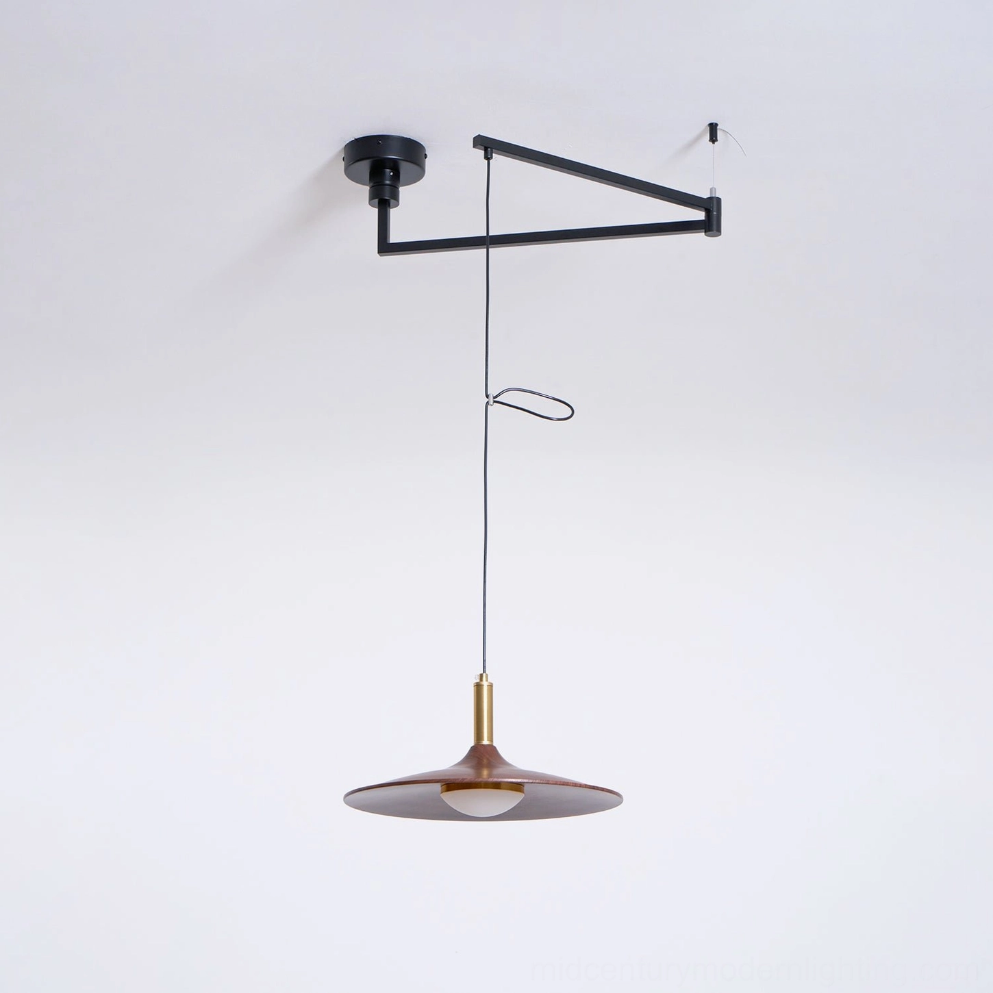 Large Nano swing arm pendant black walnut brass three element fixed composition