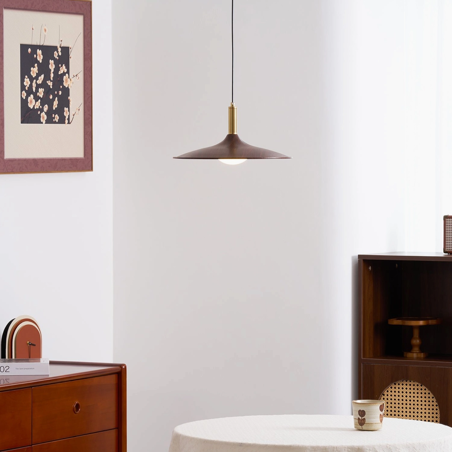 Nano swing arm pendant light articulated design detail black metal brass walnut composition