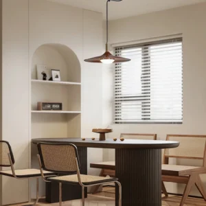Nano Swing Arm Pendant ceiling light installed in Japanese dining room with warm wood table