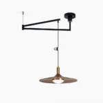 Nano Swing Arm Pendant Light adjustable black metal with walnut shade on white background