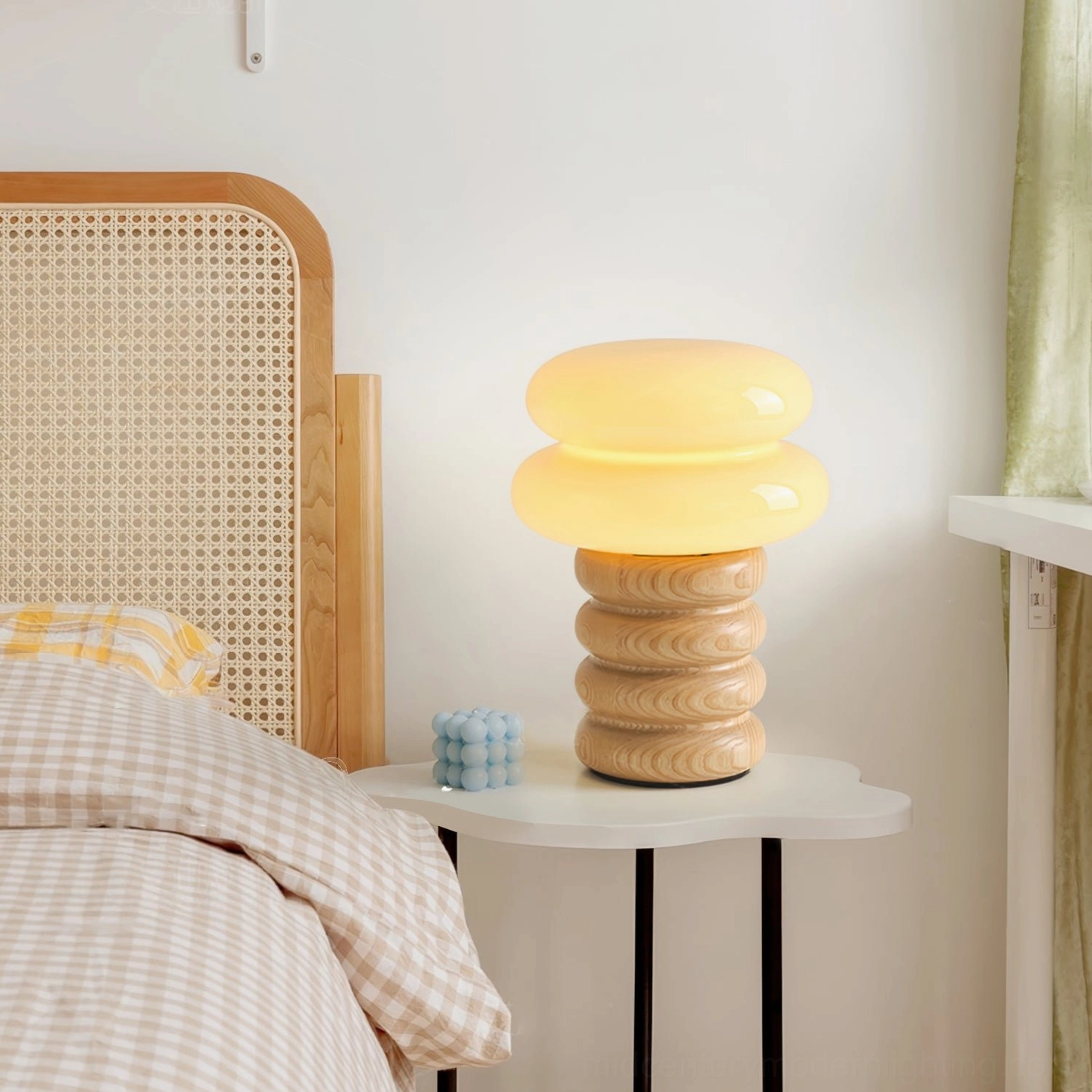 Stacked ash wood Napako table lamp base showing traditional joinery and natural wood grain patterns in minimalist design