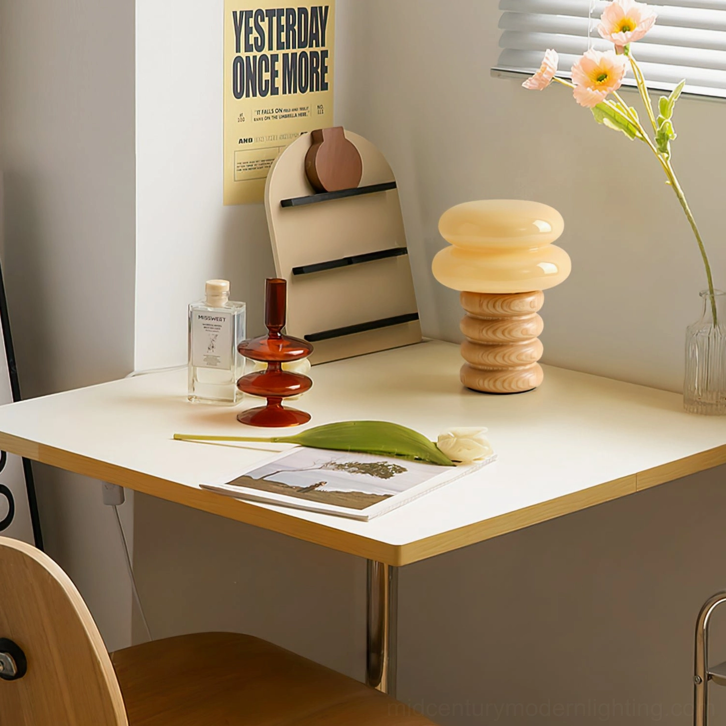Napako minimalist table lamp with frosted glass shade and wooden base positioned for ambient home lighting display