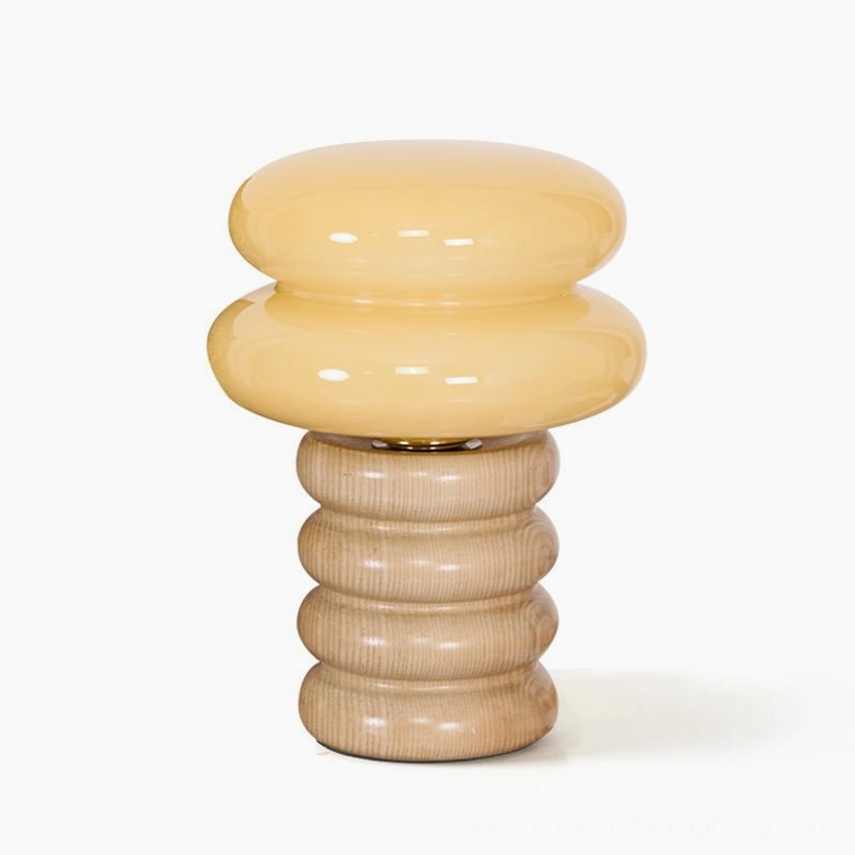 Napako table lamp available in natural wood color with creamy yellow frosted glass shade and multiple plug options