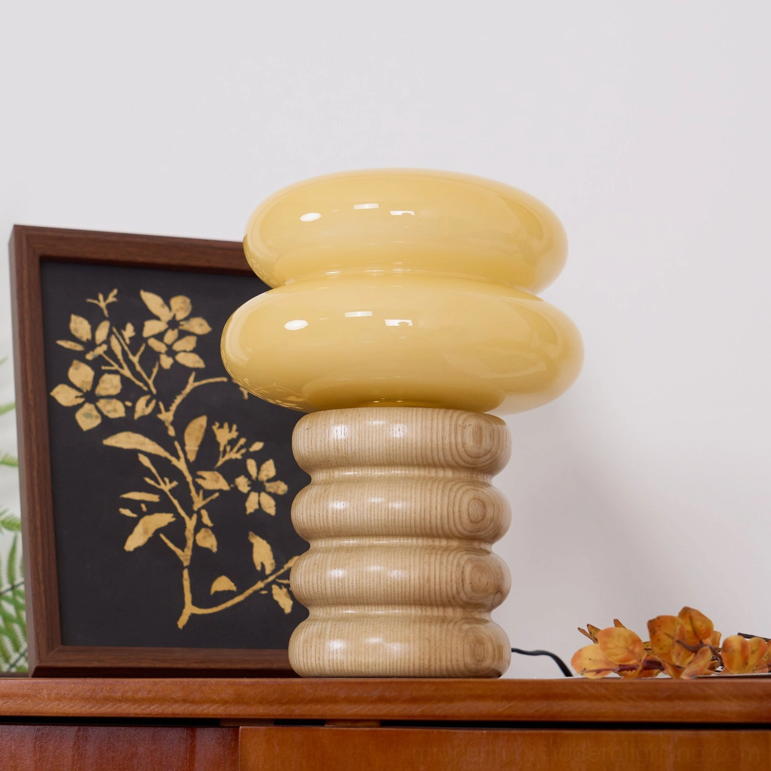 Napako mid-century modern table lamp showing full construction with ash wood base and creamy frosted glass diffuser