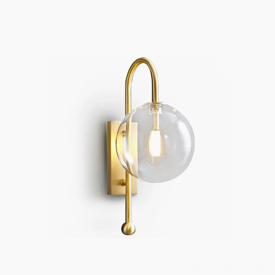 Naples copper spherical wall sconce with clear glass globe and minimalist metal arm on white background
