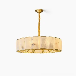 Nashima alabaster brass chandelier front view with twisted brass arms and natural stone diffusers in studio lighting