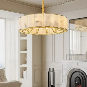 Nashima chandelier installed in neoclassical luxury living room with fireplace and warm ambient lighting