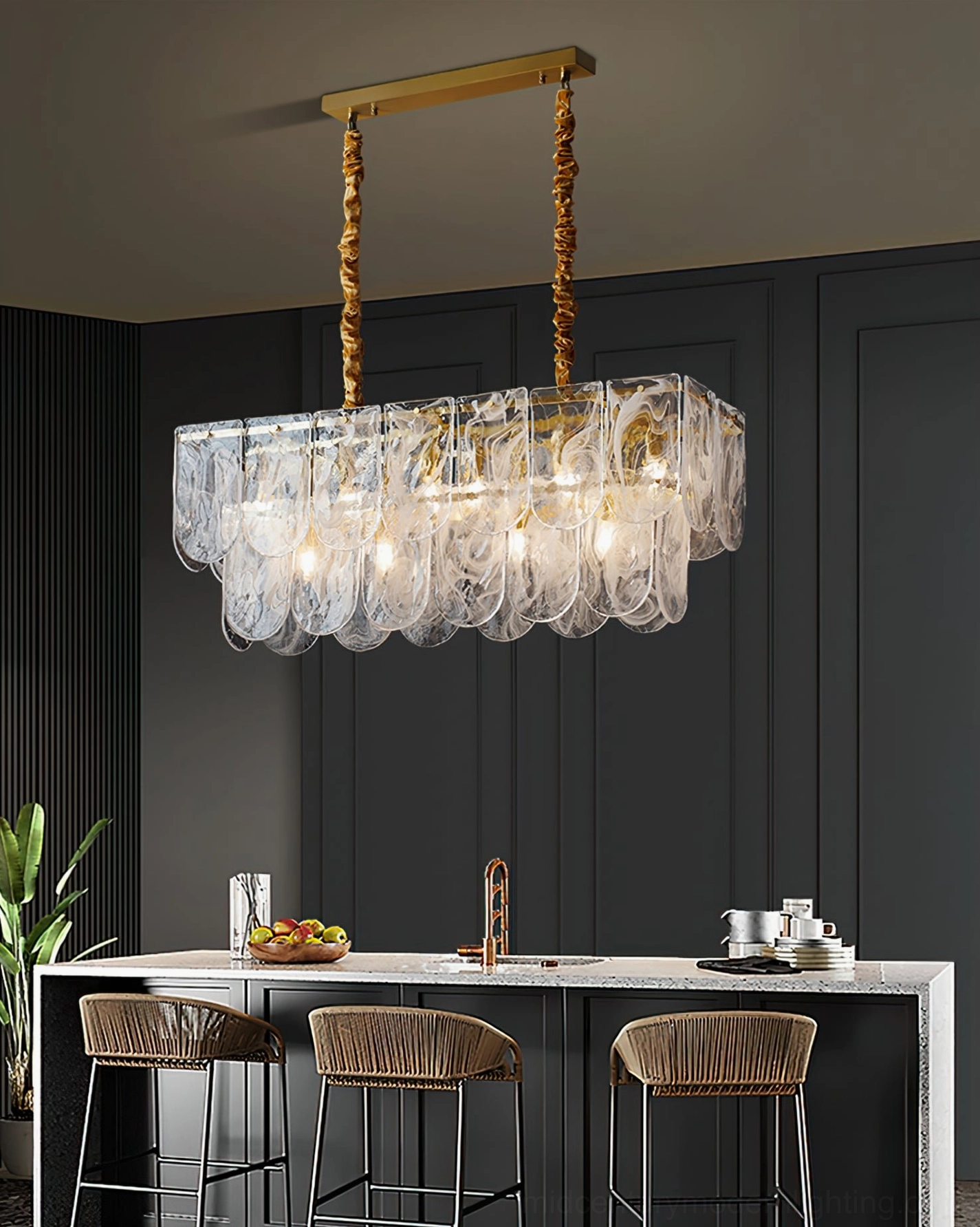 Nason brass chandelier bottom view showing E14 bulb socket arrangement and glass panel configuration