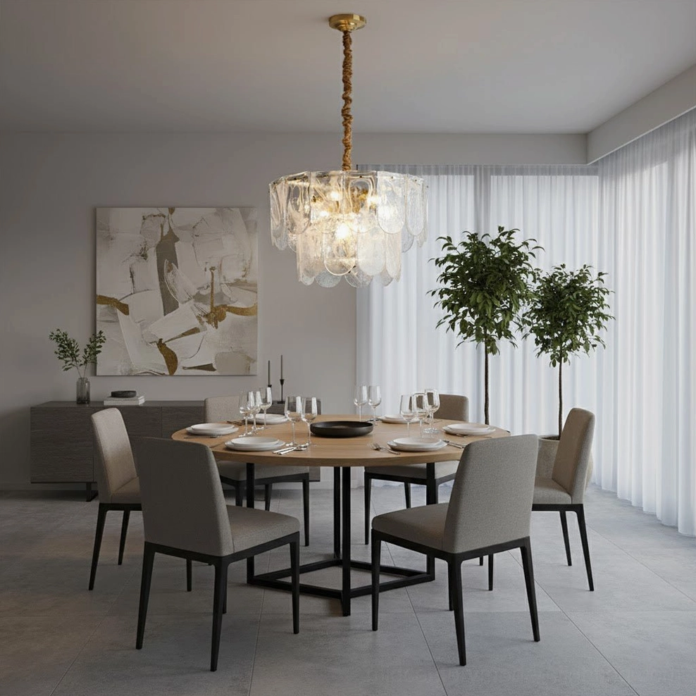 Nason brass chandelier with tiered clear glass creating warm ambient light in formal modern dining room