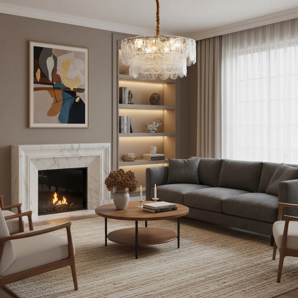 Nason brass chandelier installed above modern living room with fireplace, mid-century modern luxury interior setting