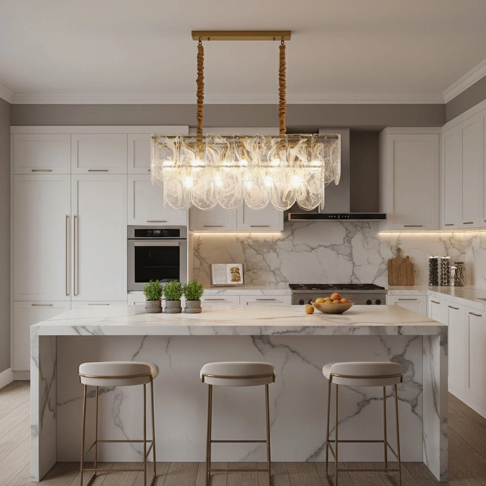 Nason brass chandelier above kitchen island in modern white kitchen with sleek minimalist luxury decor