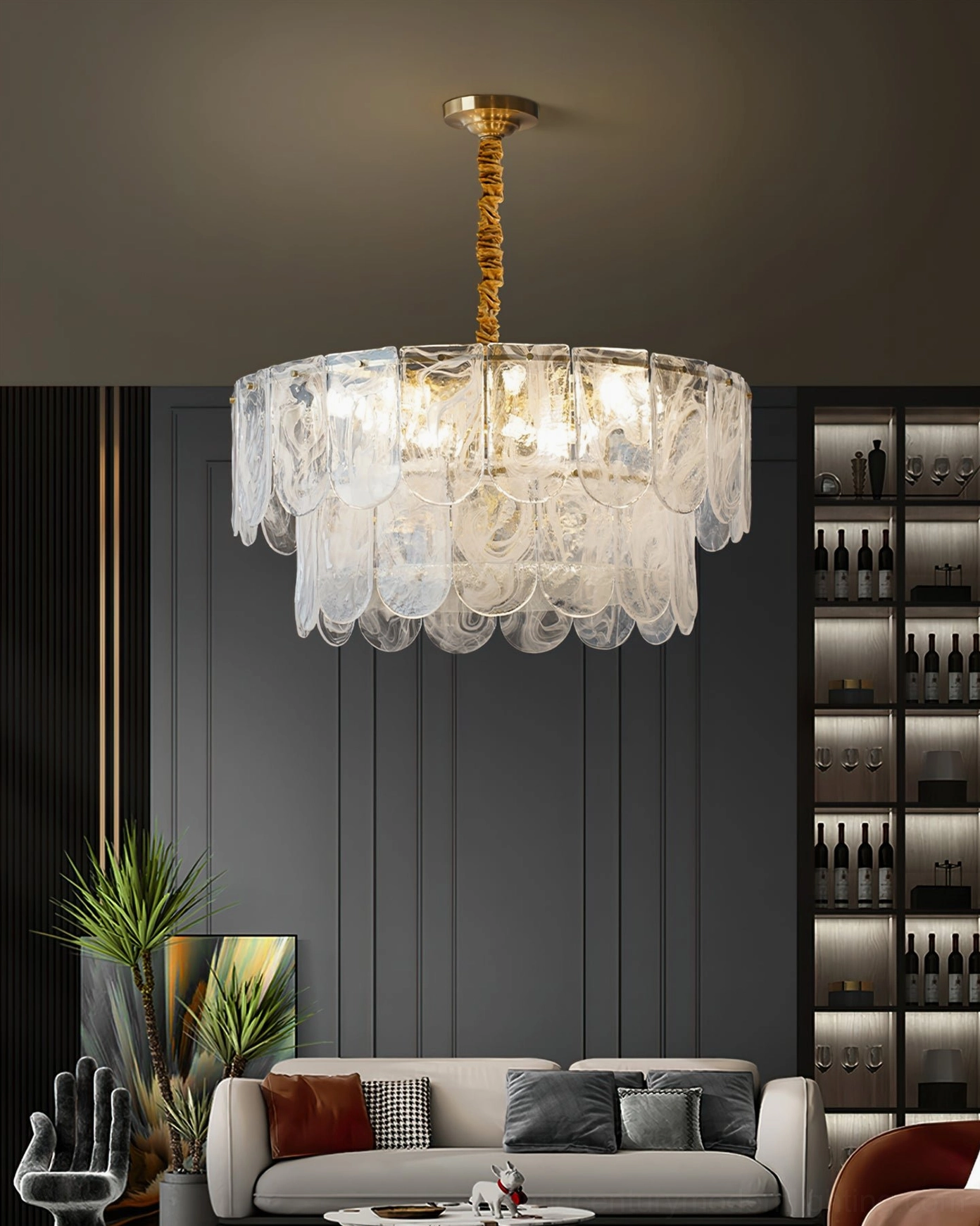 Nason brass chandelier side angle view displaying tiered glass shade construction and proportions