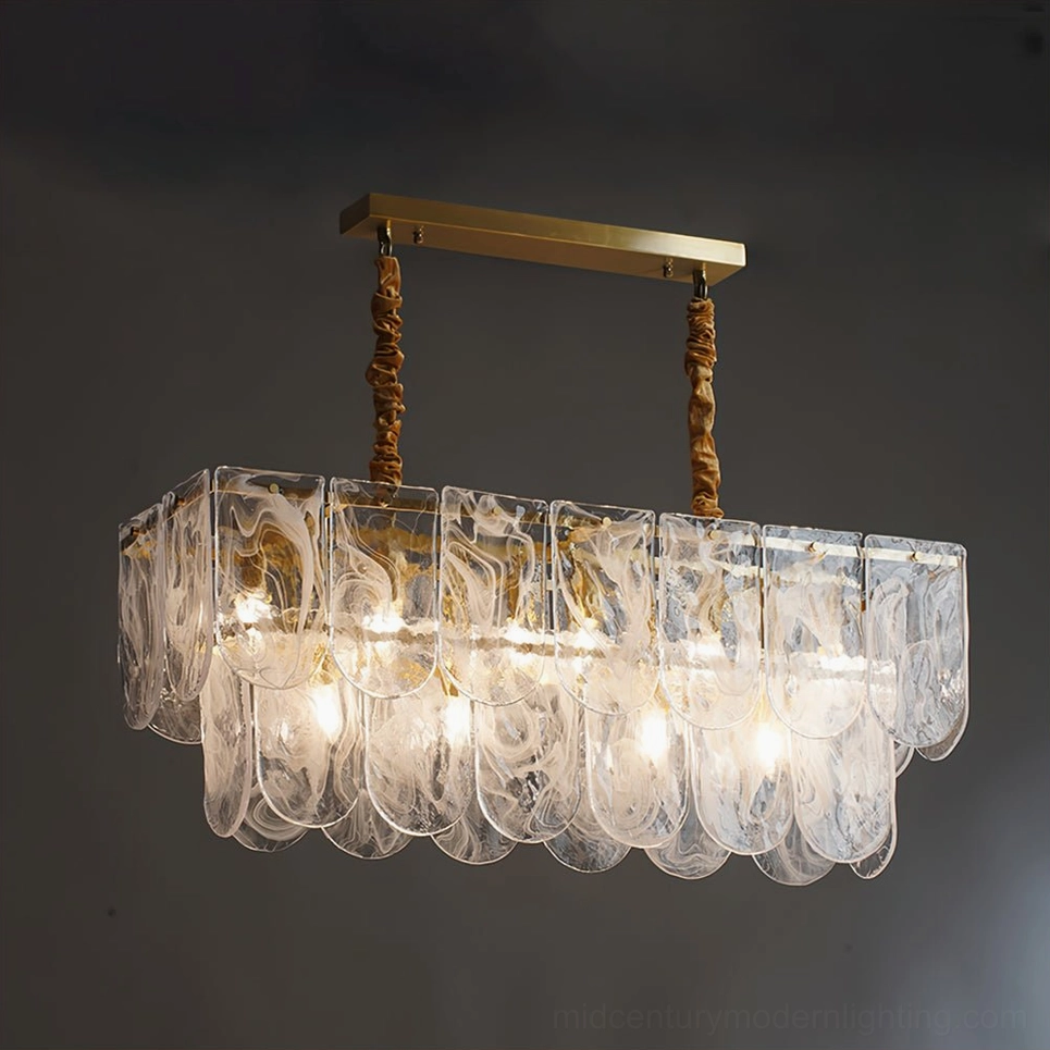 Large Nason brass chandelier 37.4 inch linear design with nine bulbs in contemporary residential setting