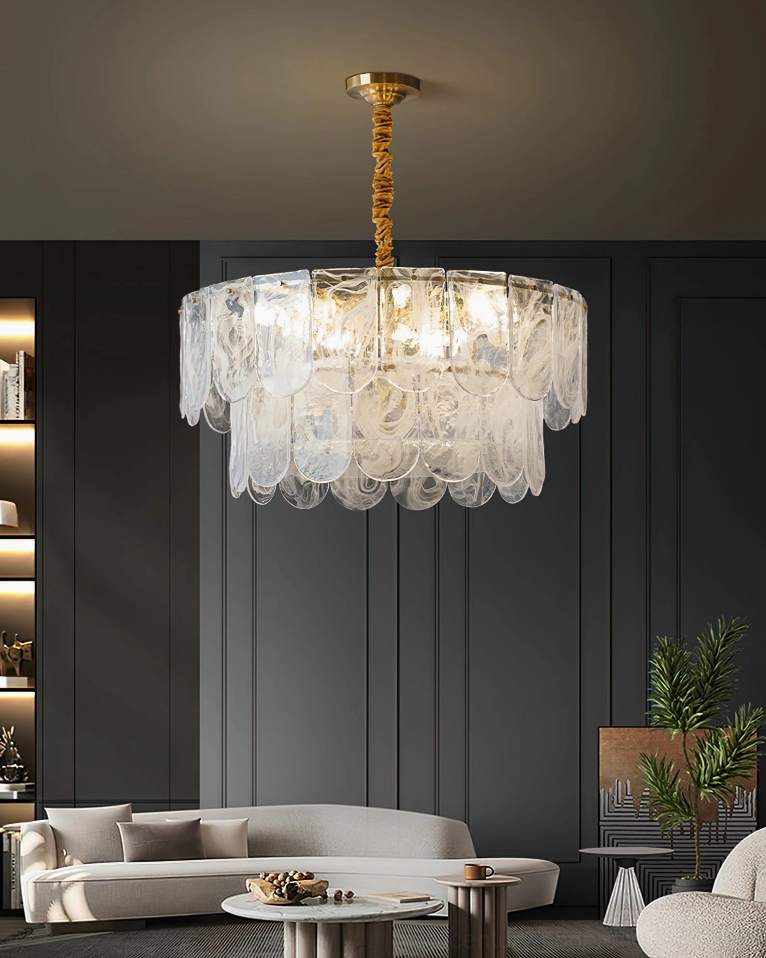 Large Nason brass chandelier rectangular design in spacious modern dining area with multiple bulbs
