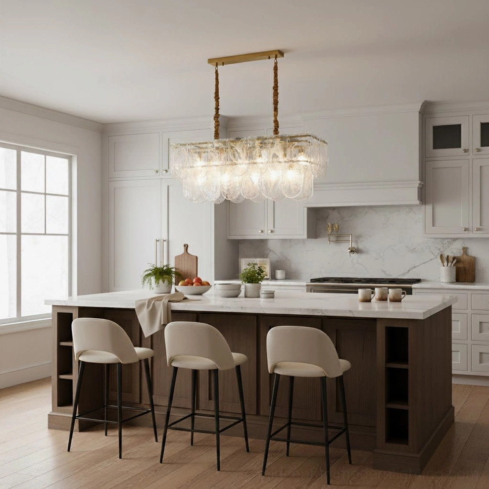 Linear Nason brass chandelier with clear glass panels above dark island in contemporary kitchen with brass hardware