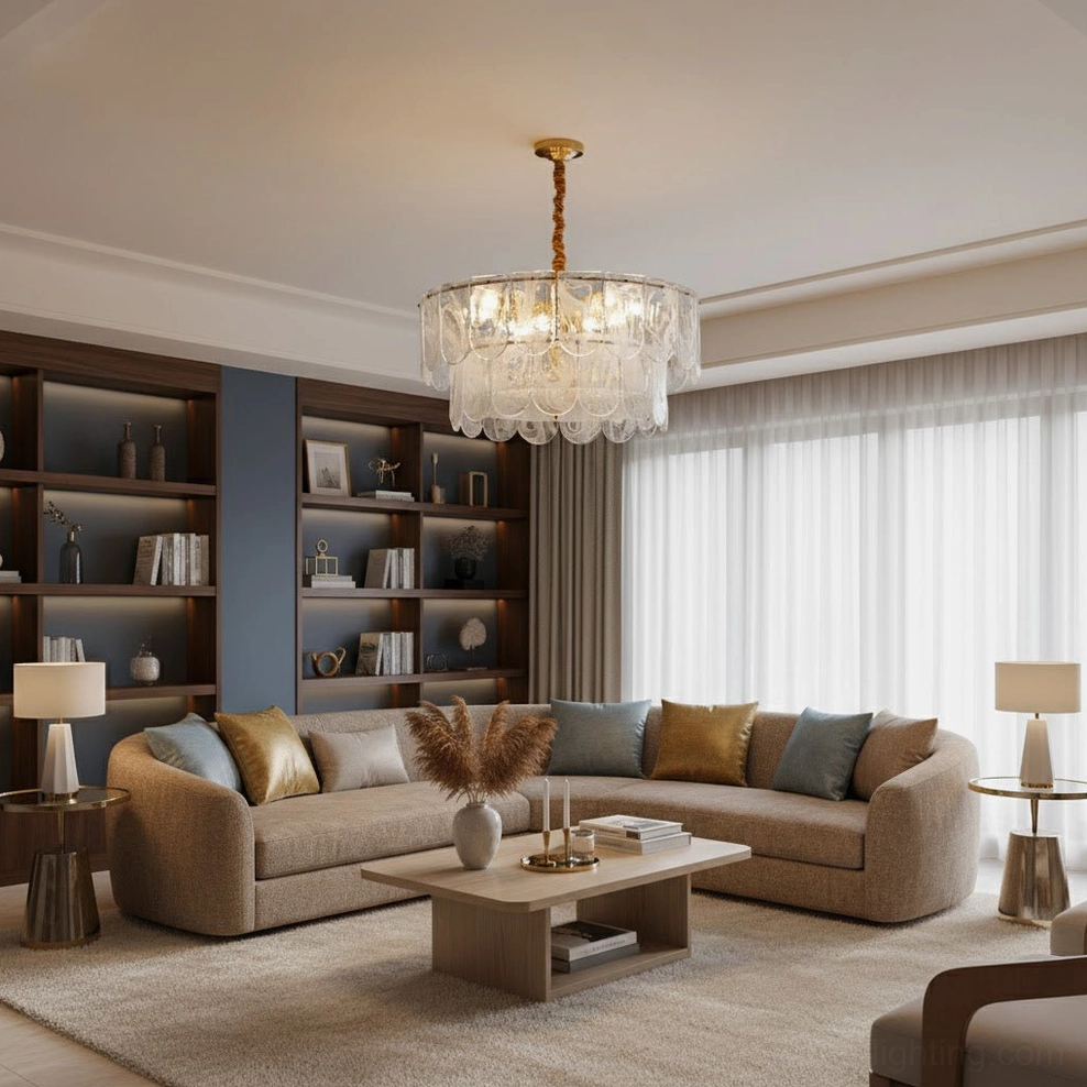Nason brass round chandelier in cozy neutral modern living room with fabric sofa and wooden coffee table