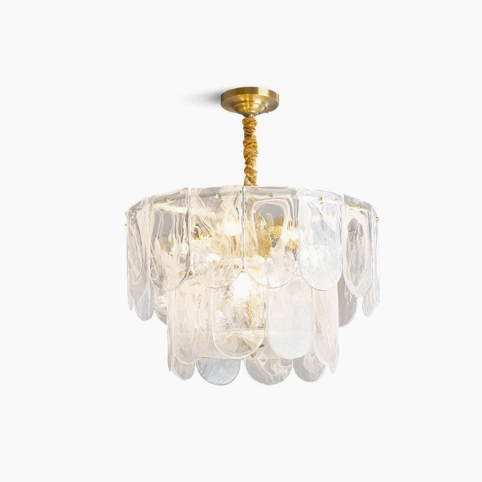 Nason brass chandelier with tiered round glass shades, frontal overhead view on white background showcasing modern minimalist design
